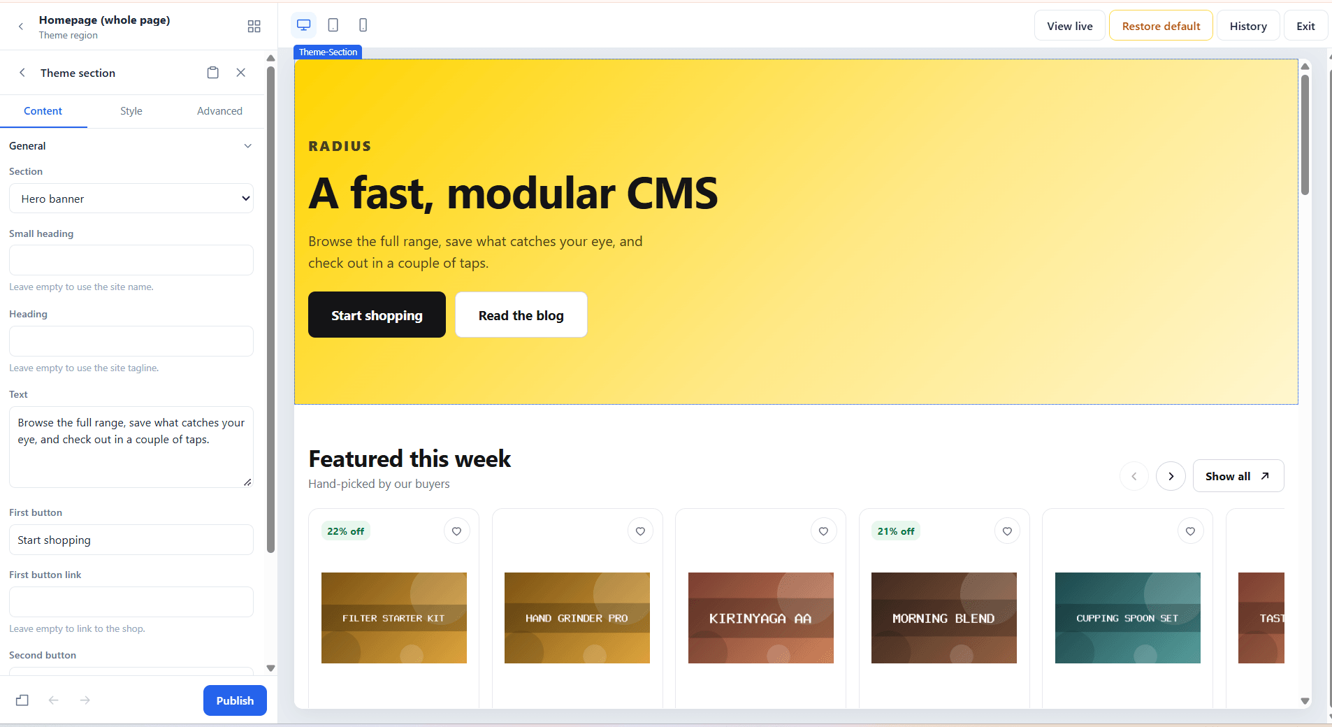 The builder editor: widget palette on the left, the page canvas in the centre, and the settings panel on the right