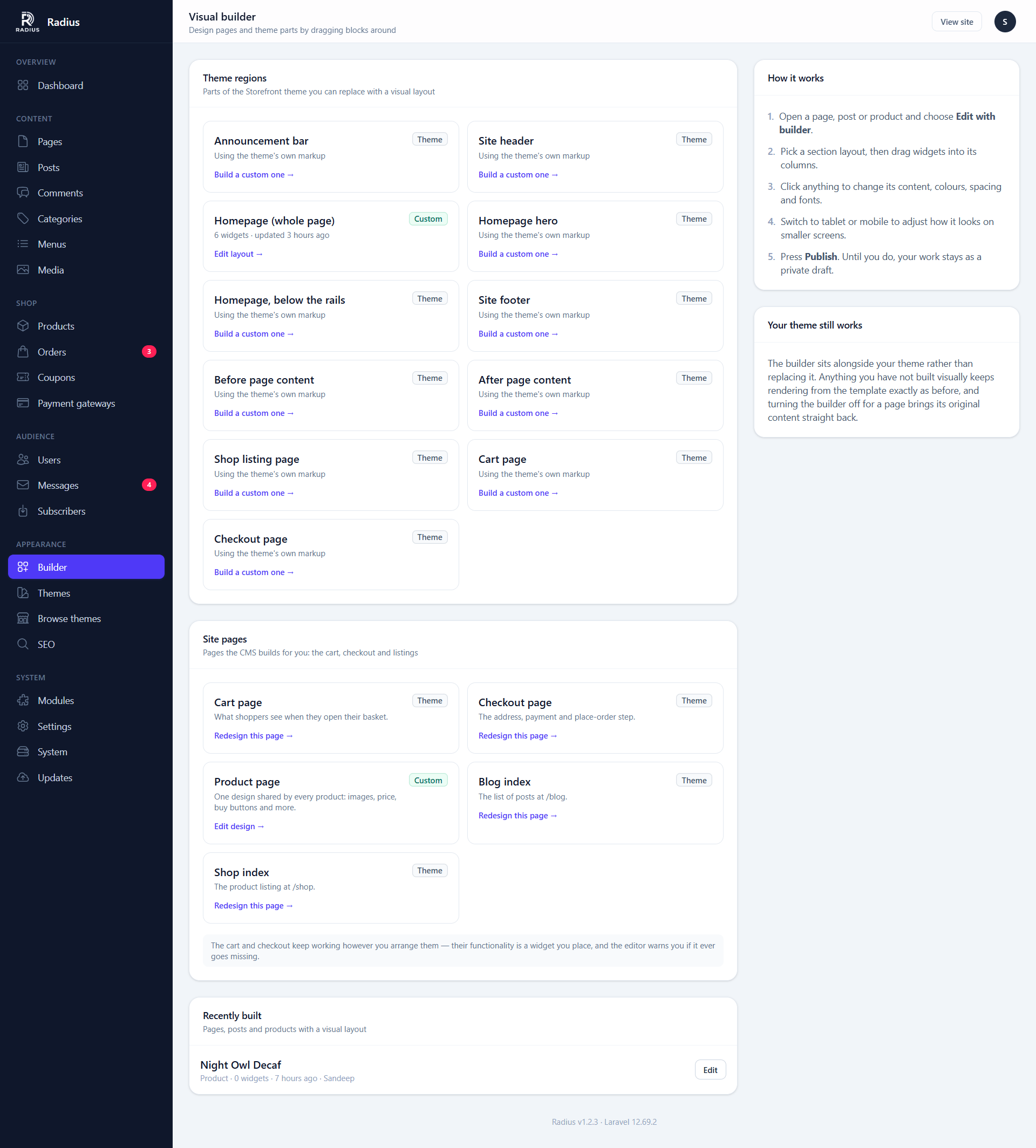 The builder overview, listing pages and theme regions with their build state