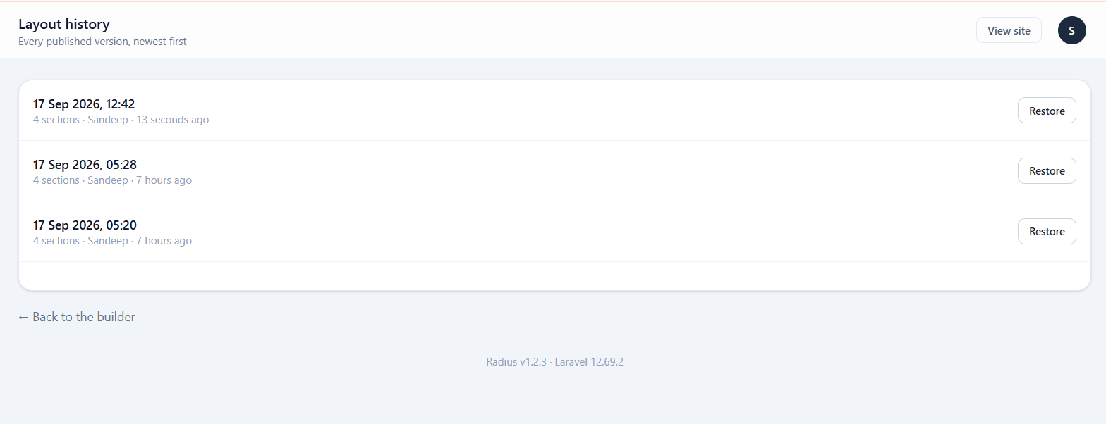 The revision list, showing who published each revision and when, with restore buttons