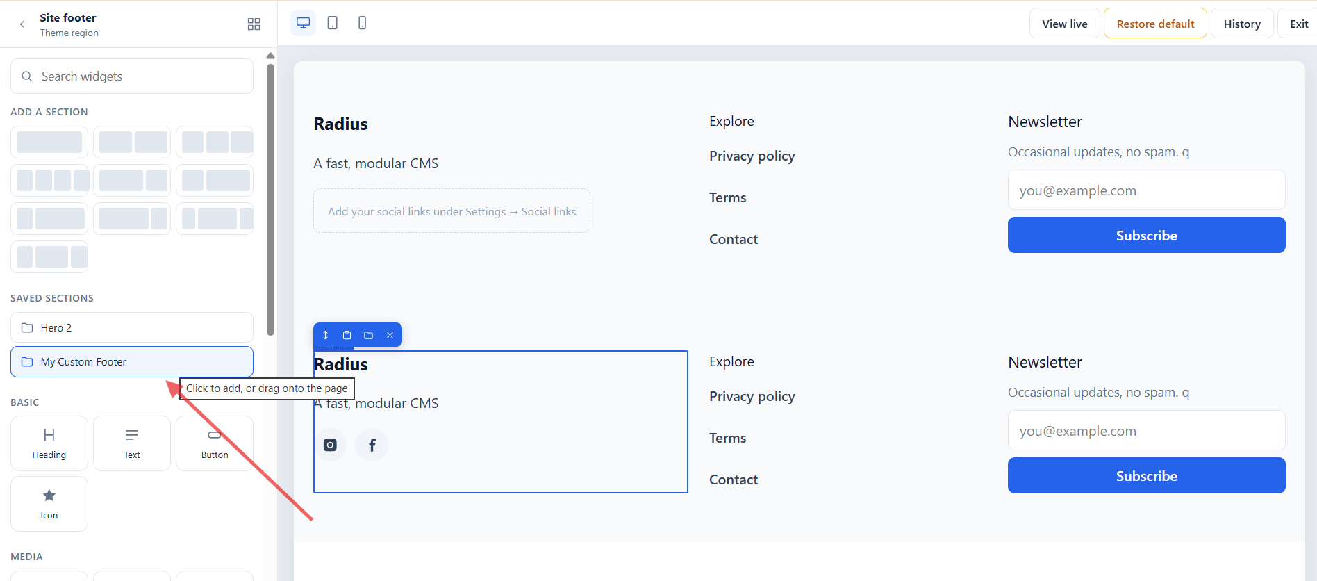 The editor's widget panel with a Saved sections group listing two saved sections