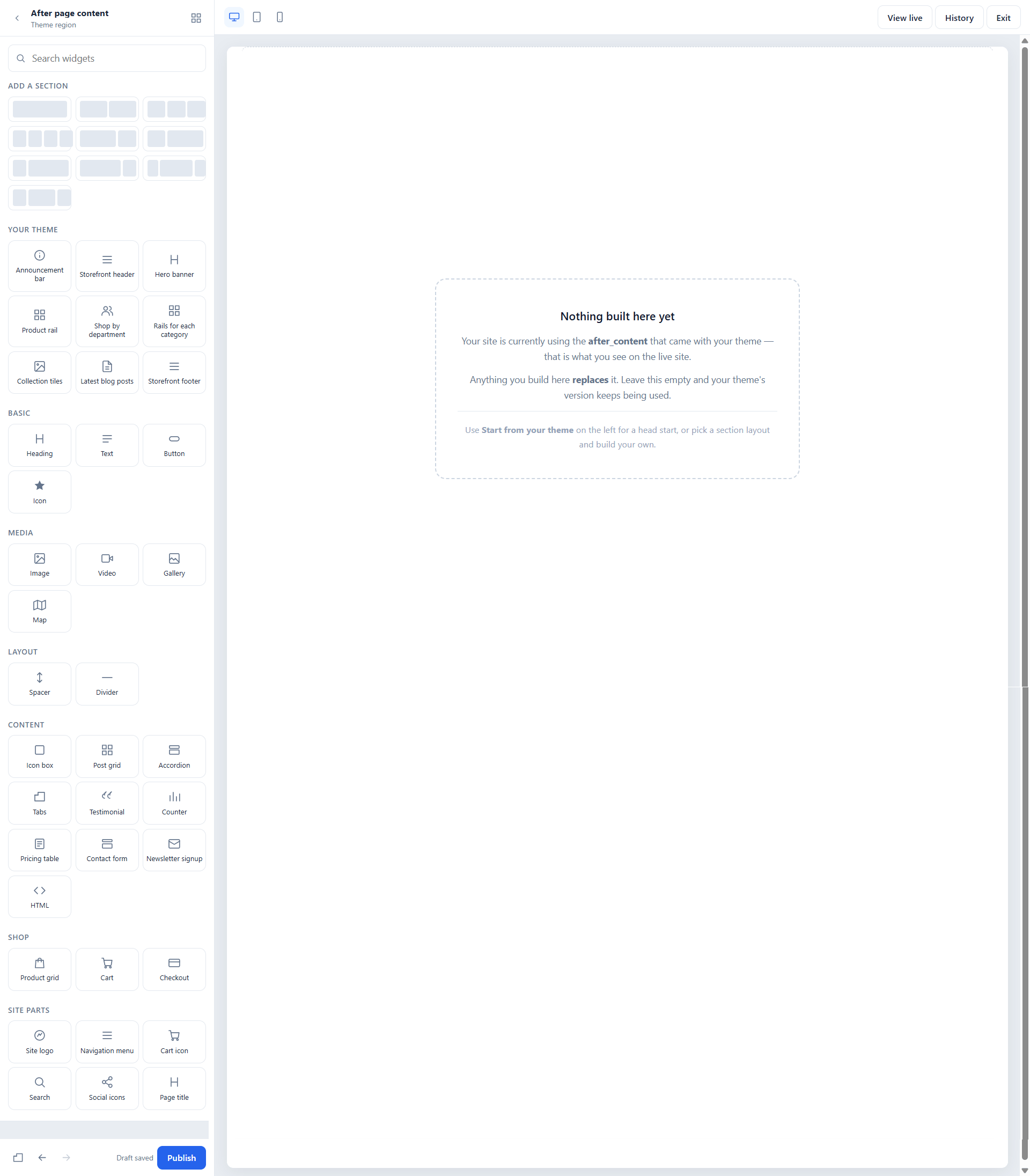 The widget palette open in the builder, showing widgets grouped by category