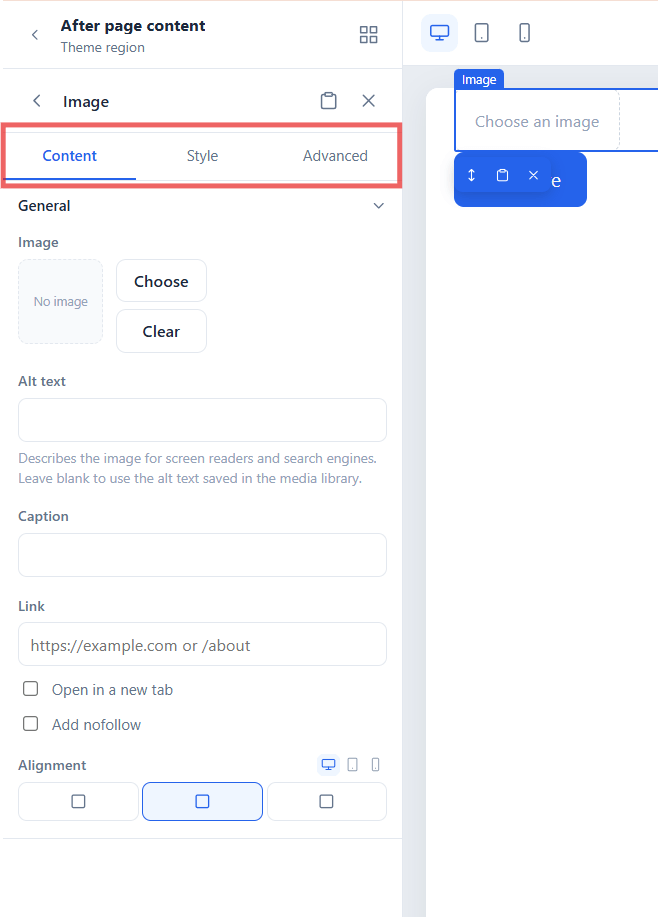 The widget settings panel with its Content, Style and Advanced tabs