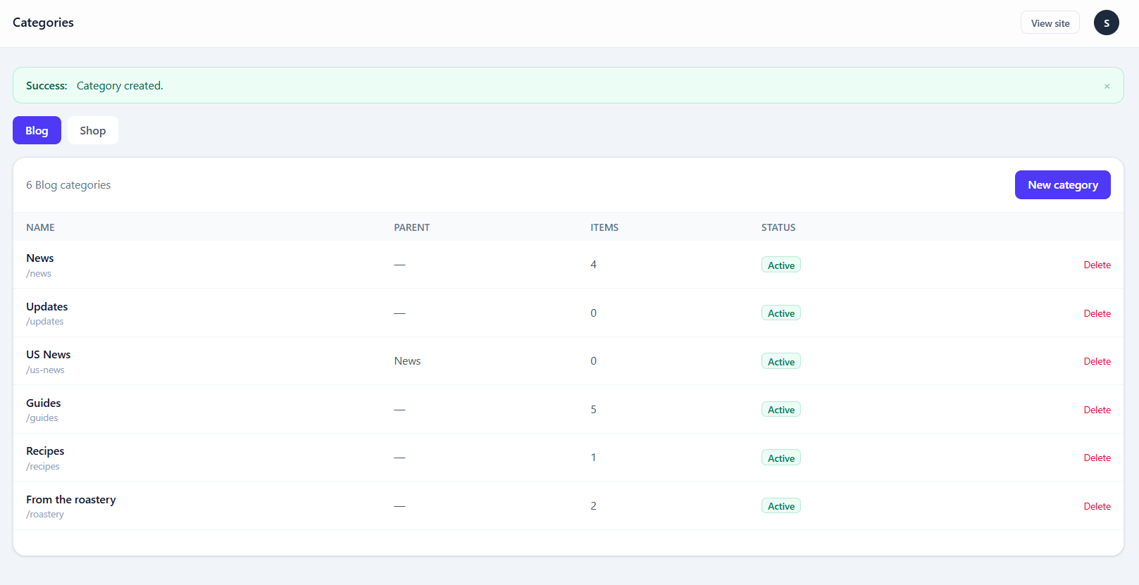 The category list with name, slug, type, parent and post count columns