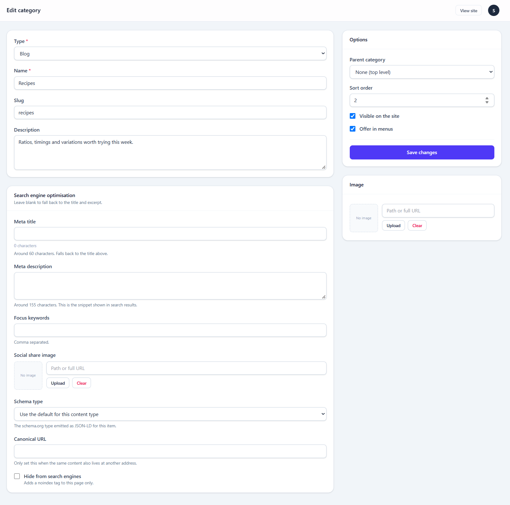 The category editor with name, slug, description, parent, type and image fields