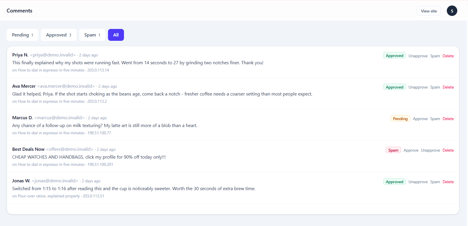 The comment moderation queue, showing author, comment body, the post it belongs to, and approve or delete actions
