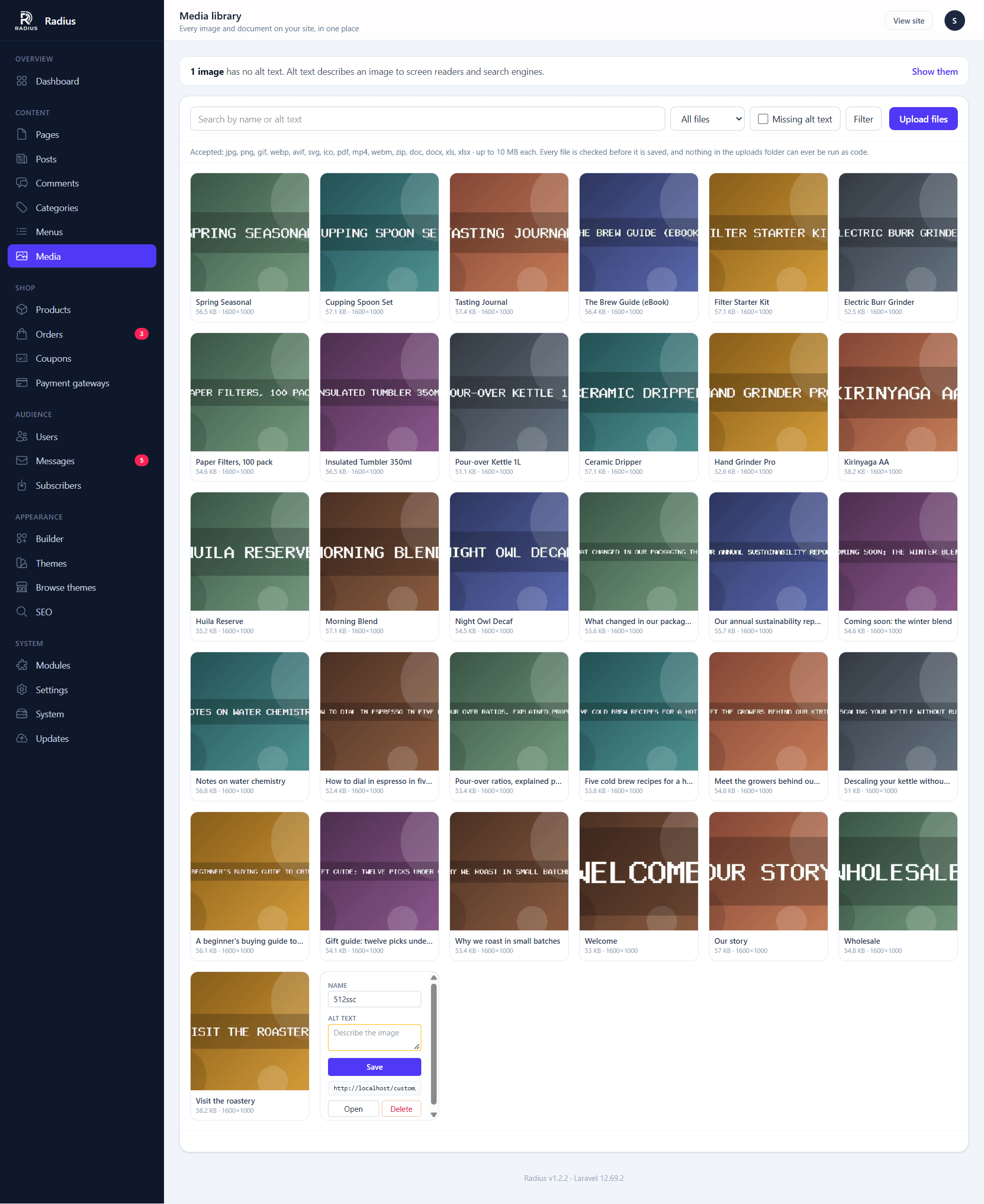 The media library in grid view, with the upload area, type and date filters, and a detail panel for the selected file