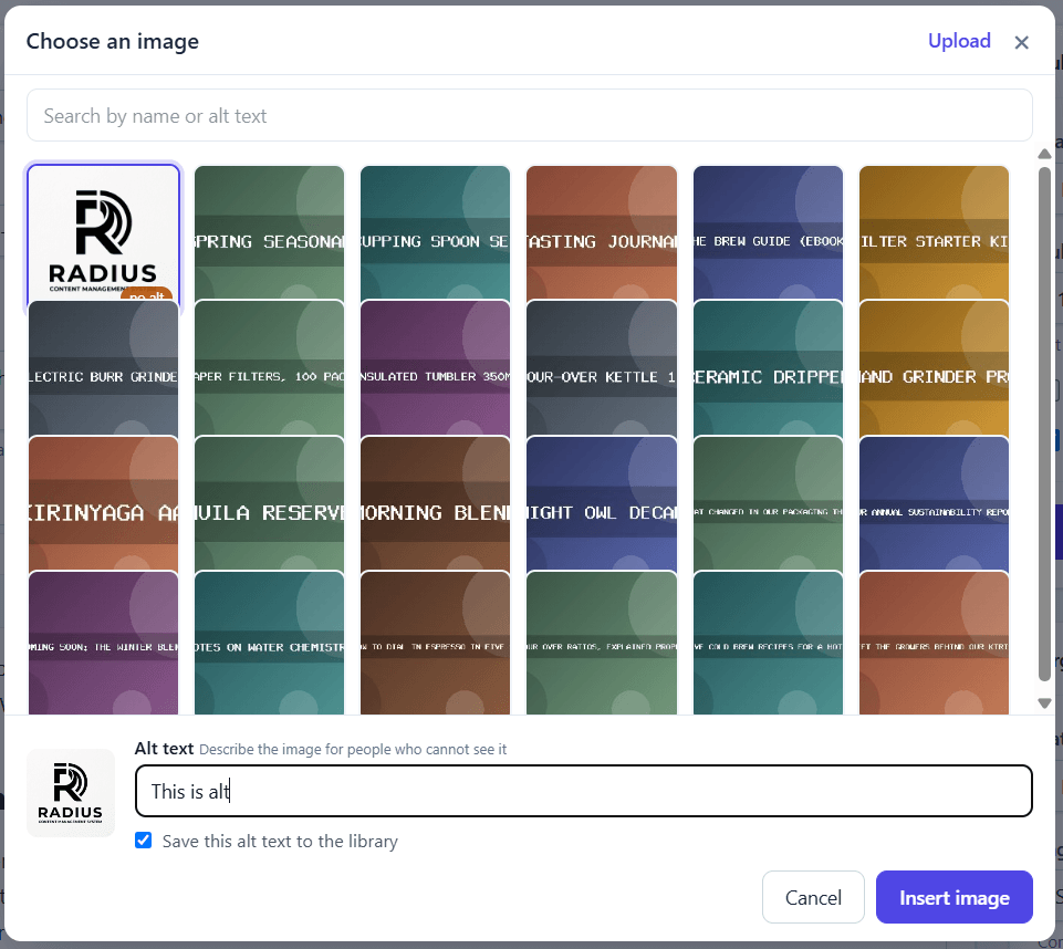 The media picker modal, showing existing files with an upload tab alongside