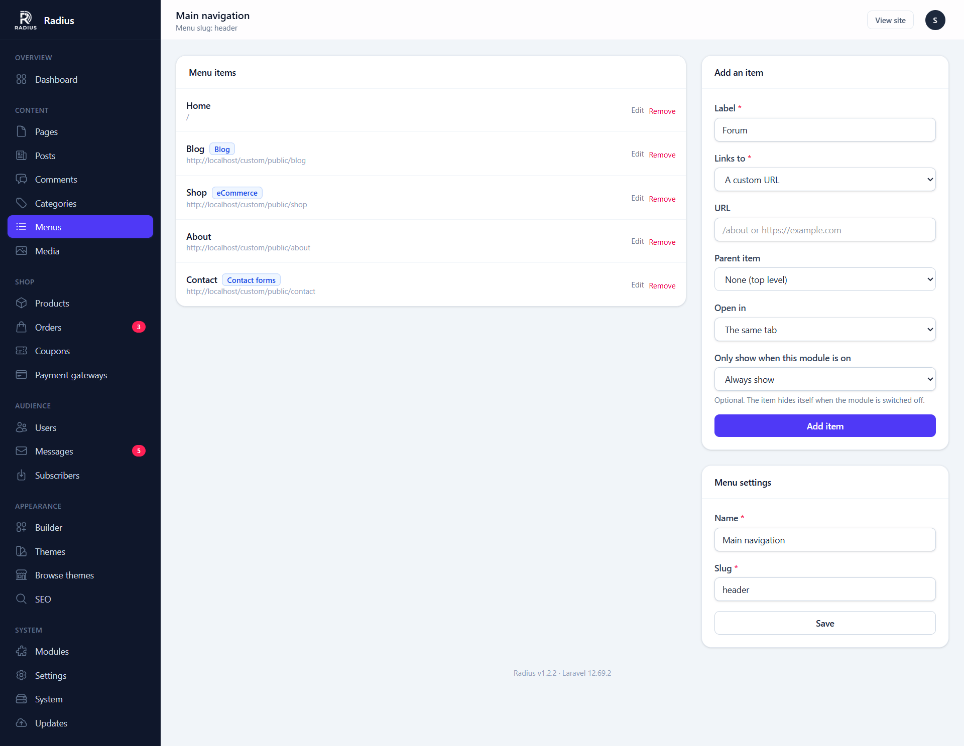 The menu editor, with the available link types on the left and the drag-and-drop item tree on the right