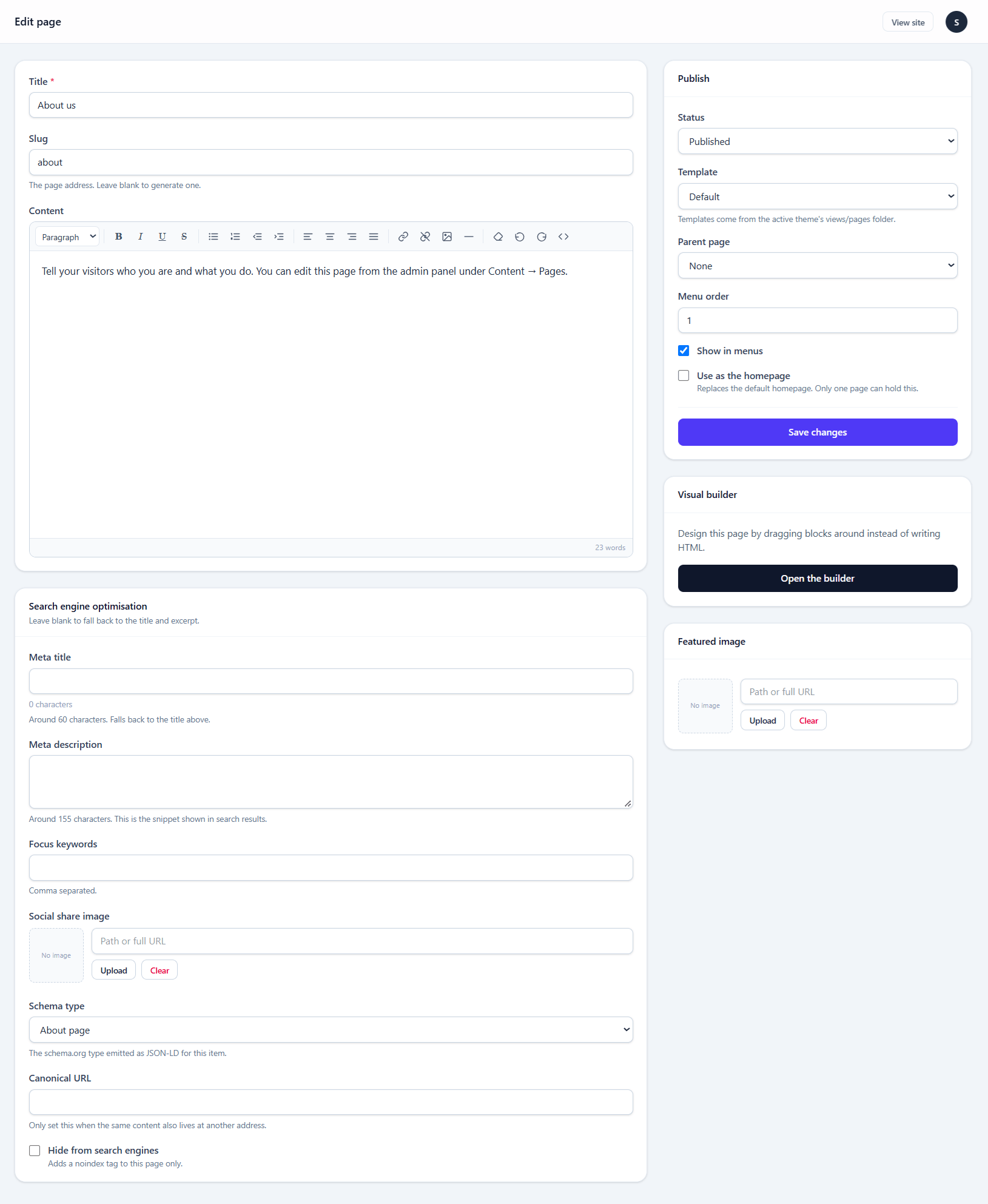 The page editor, with title, slug, content editor, and the sidebar panels for status, template and SEO