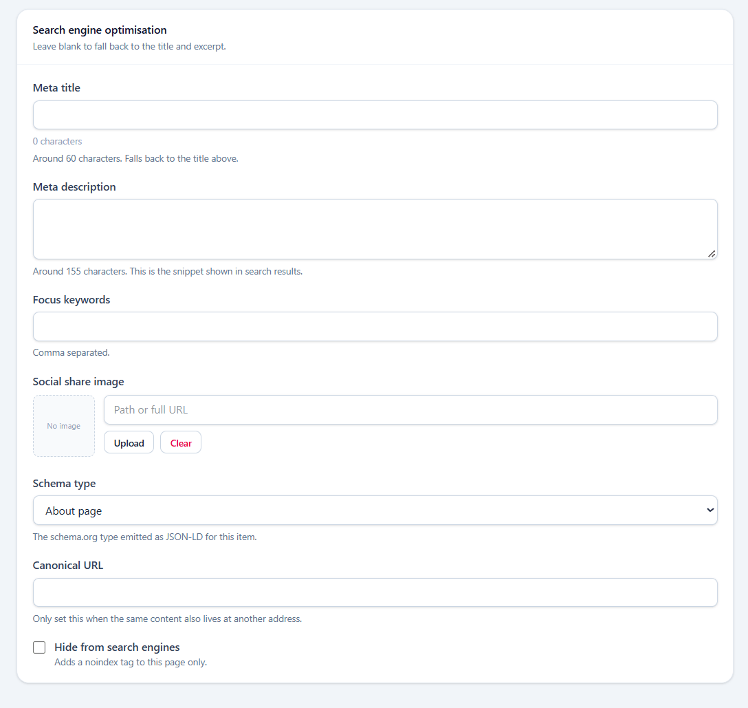 The SEO panel on the page editor, with meta title, description, social image and a noindex toggle