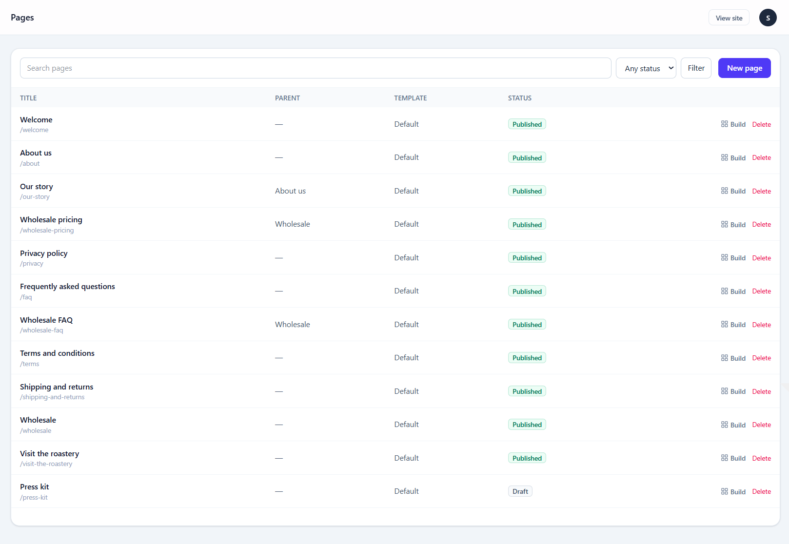 The page list, showing title, slug, status and last-updated for each page, with search and status filters