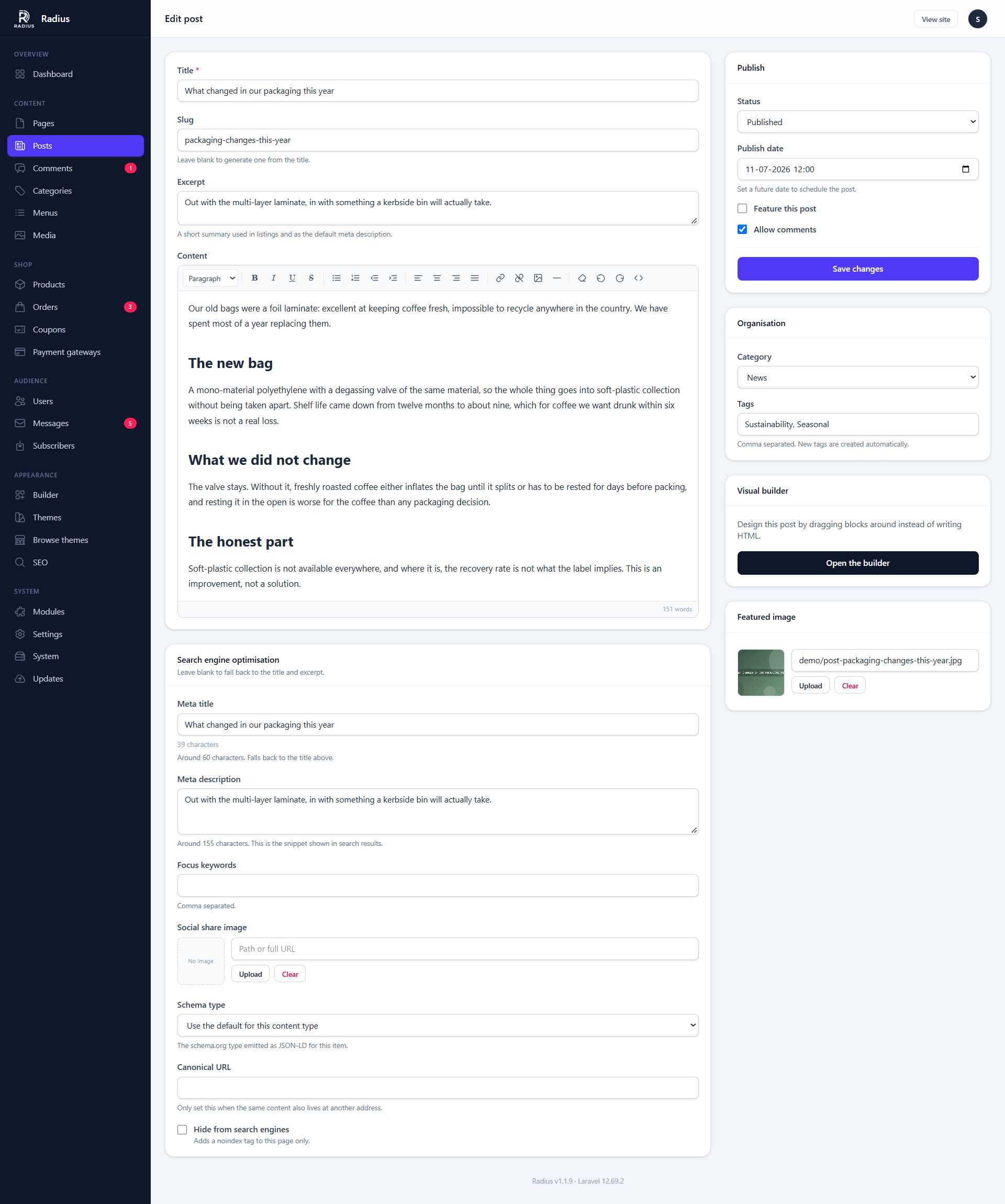 The post editor with the content area and the sidebar panels for status, categories, tags and featured image