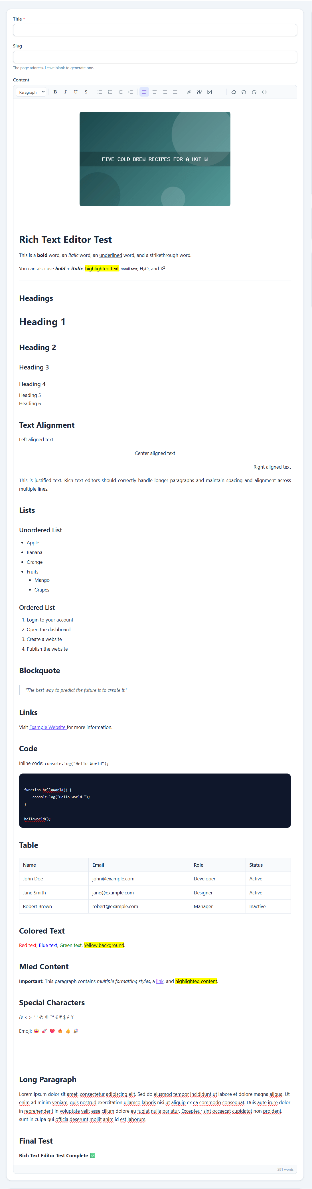The rich text editor toolbar, showing formatting, list, link, image and source-view buttons