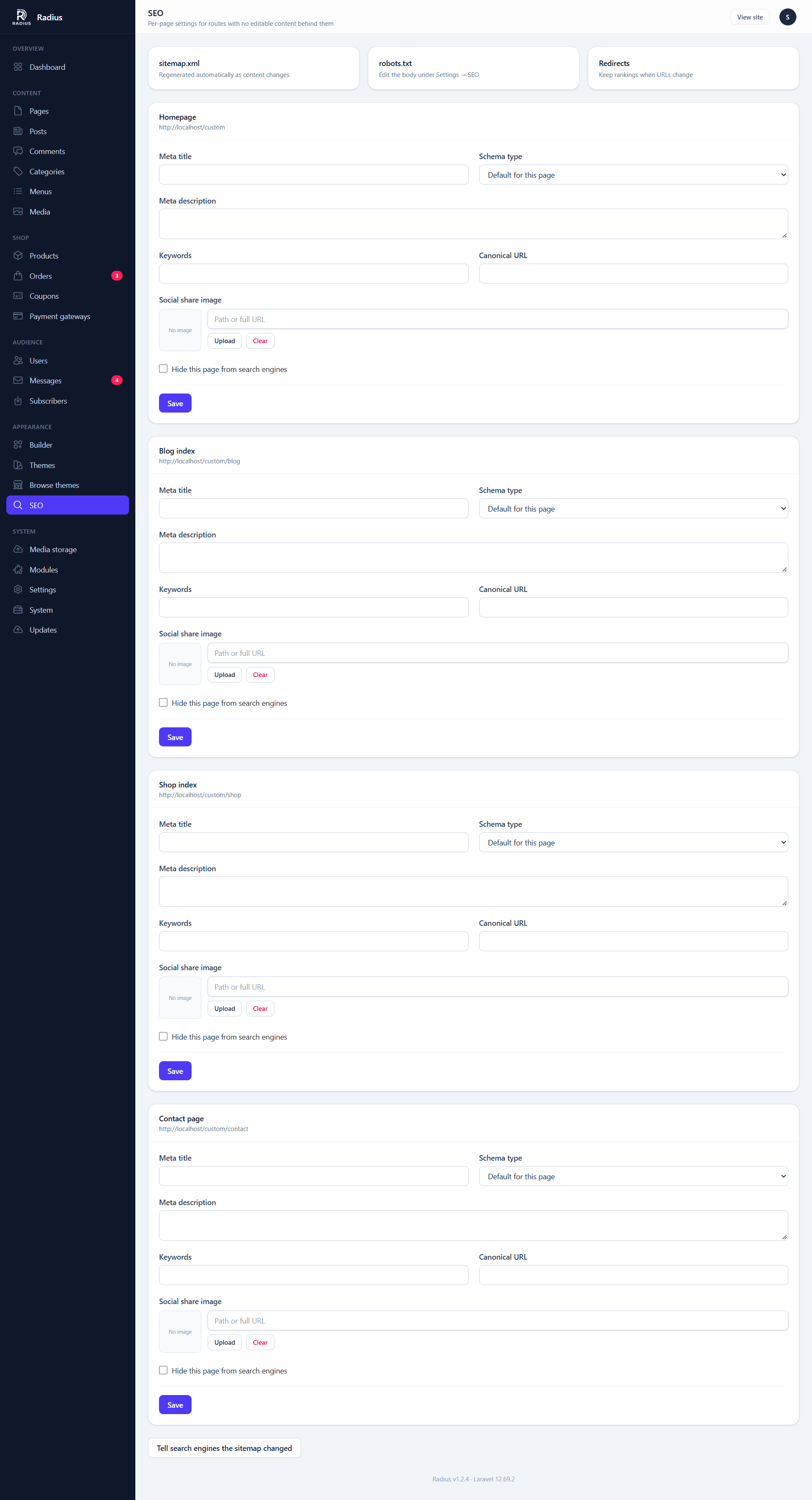 The SEO section listing site routes with their resolved meta title and description, each editable