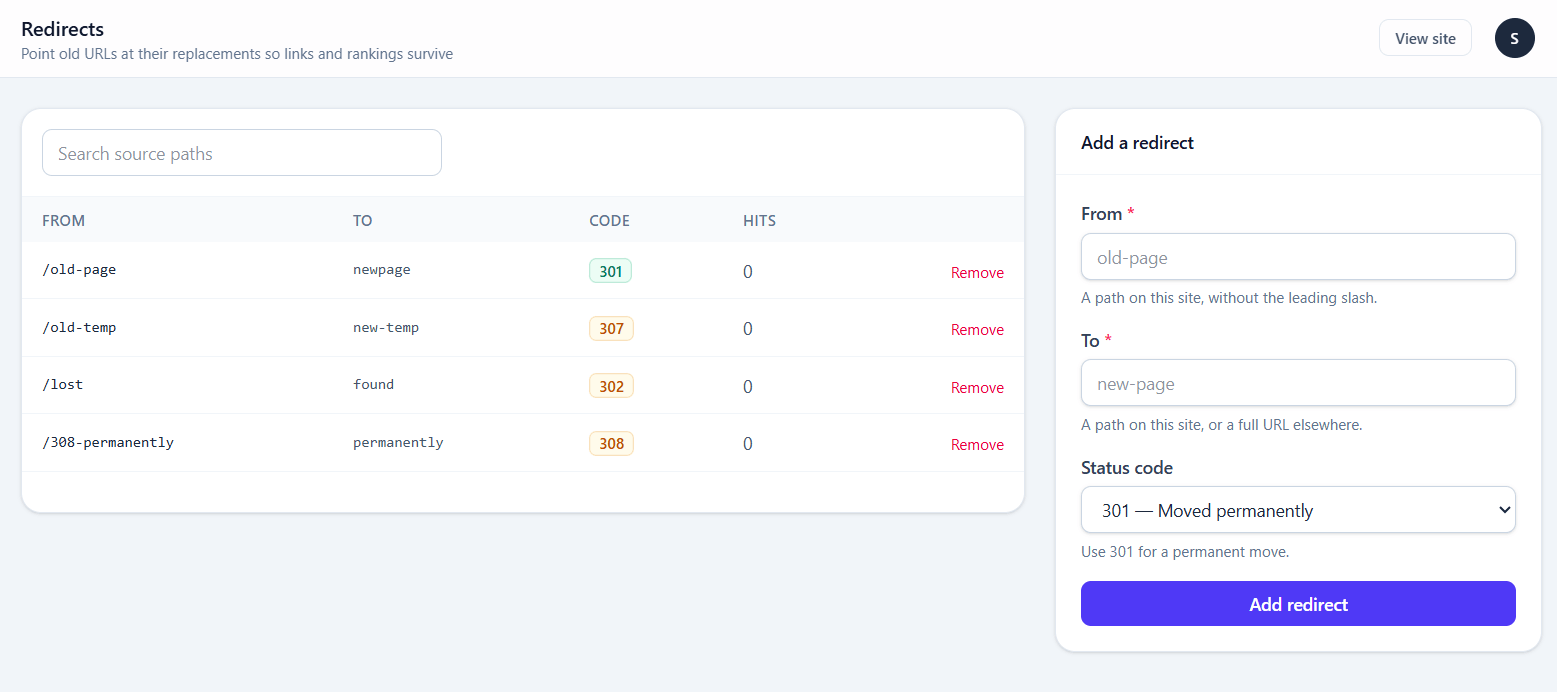 The redirect manager, listing source path, destination and redirect type