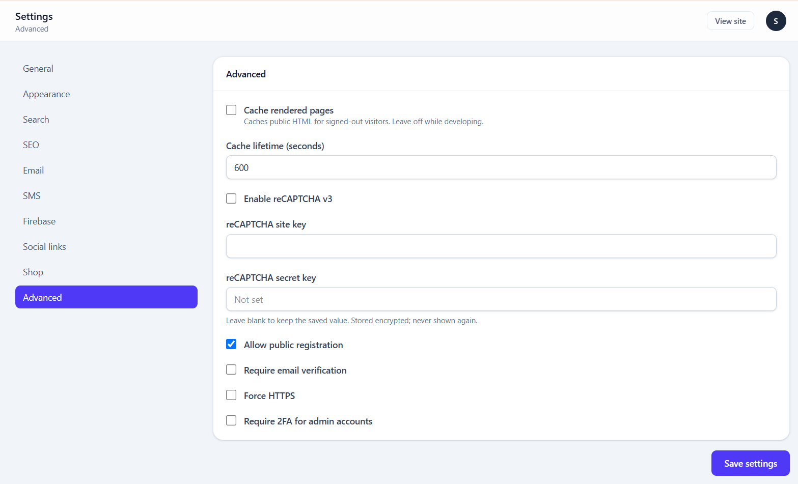 The Advanced settings screen with page caching, reCAPTCHA, registration, HTTPS and 2FA enforcement options