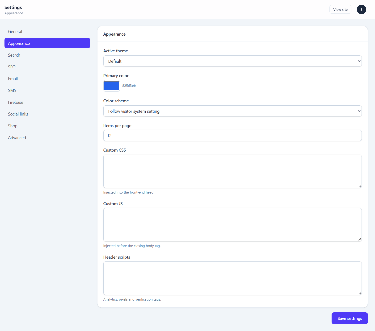 The Appearance settings screen with active theme, primary colour, colour scheme, items per page and the custom CSS and JS fields