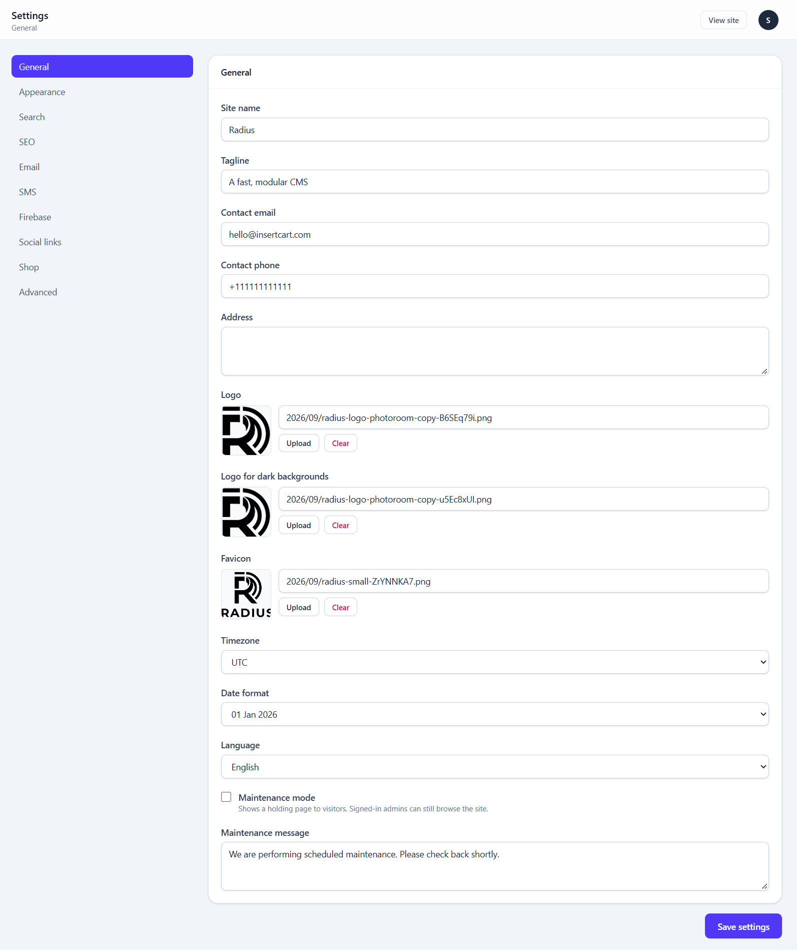 The General settings screen with site name, tagline, contact fields, logo uploads, timezone and maintenance mode