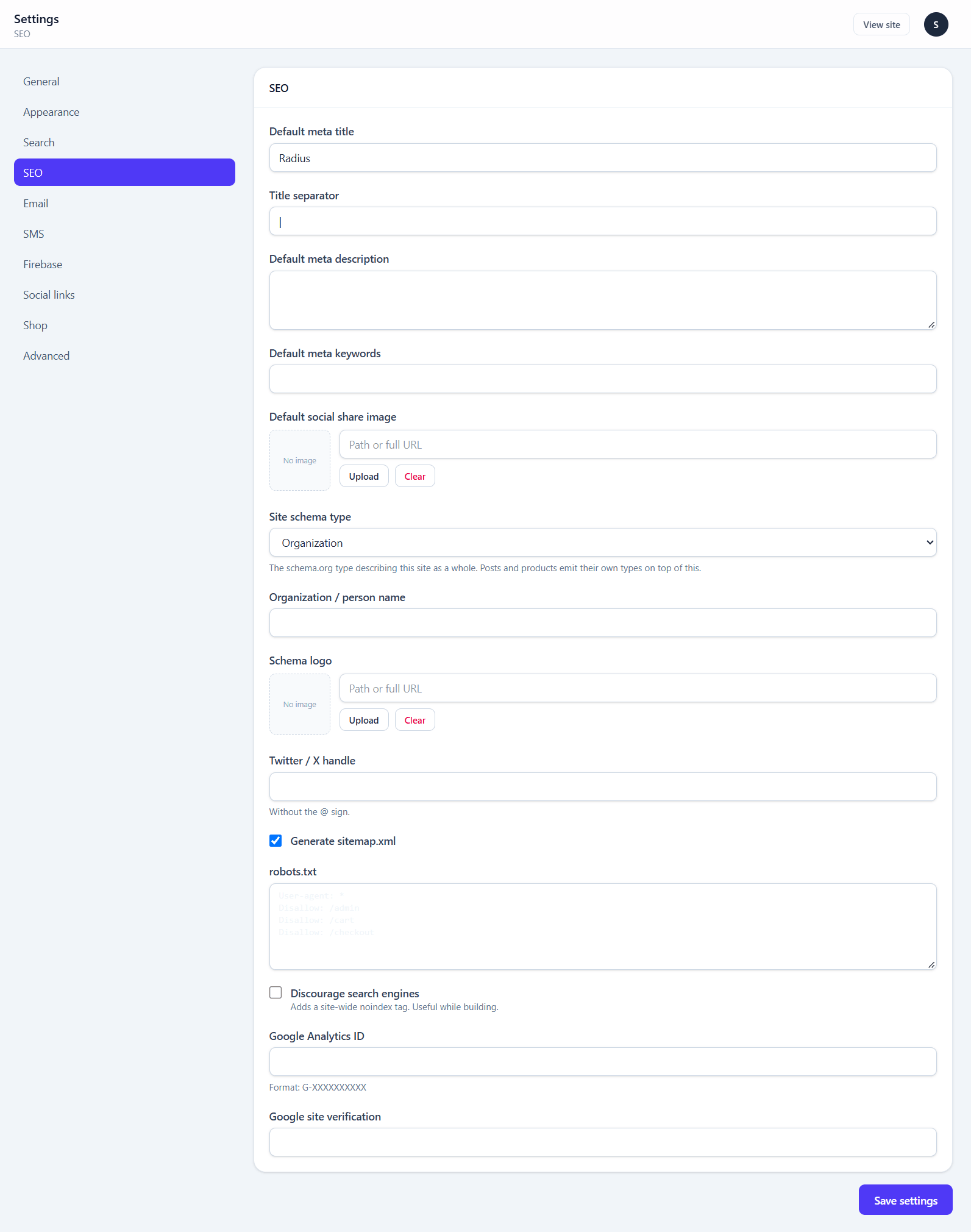 The SEO settings screen with default meta title and description, social share image, schema type, sitemap toggle and robots.txt editor