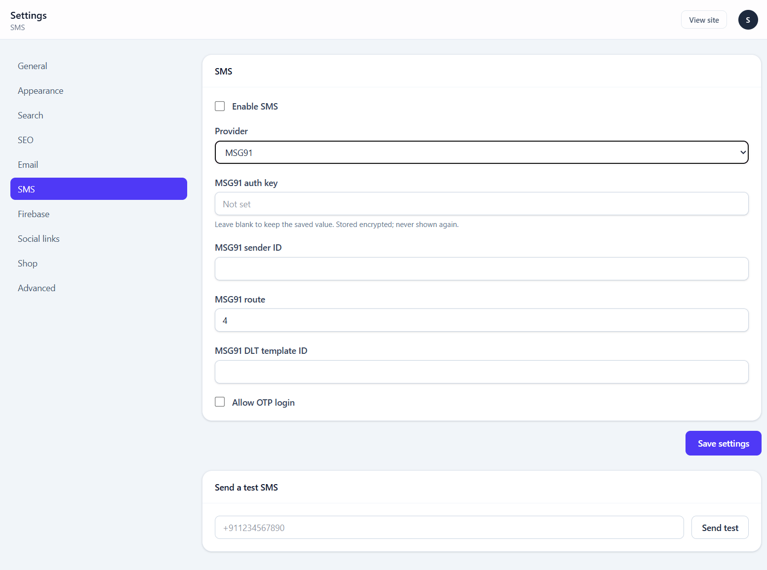 The SMS settings screen with provider selection and the MSG91 and Twilio credential fields