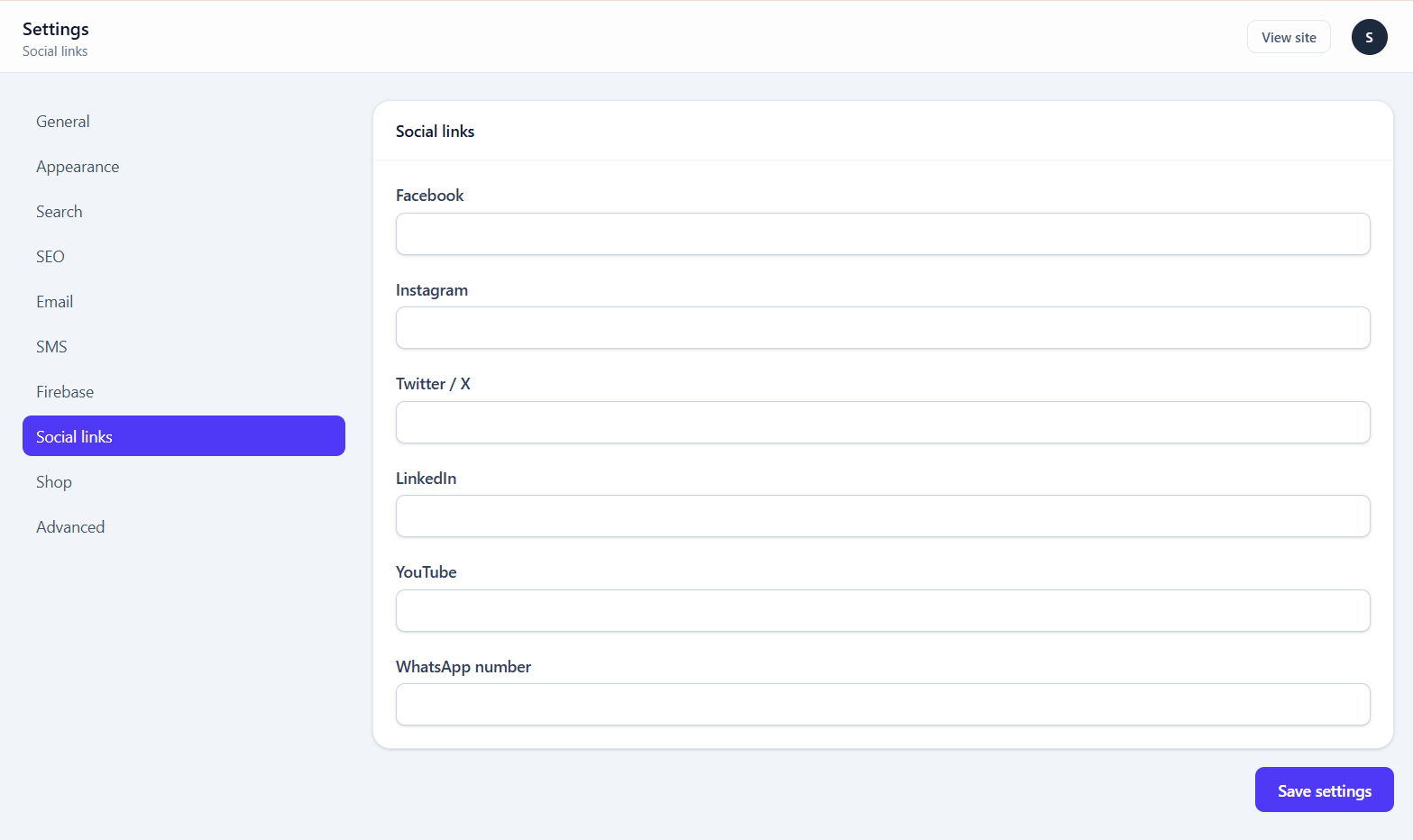 The Social links settings screen with URL fields for each network