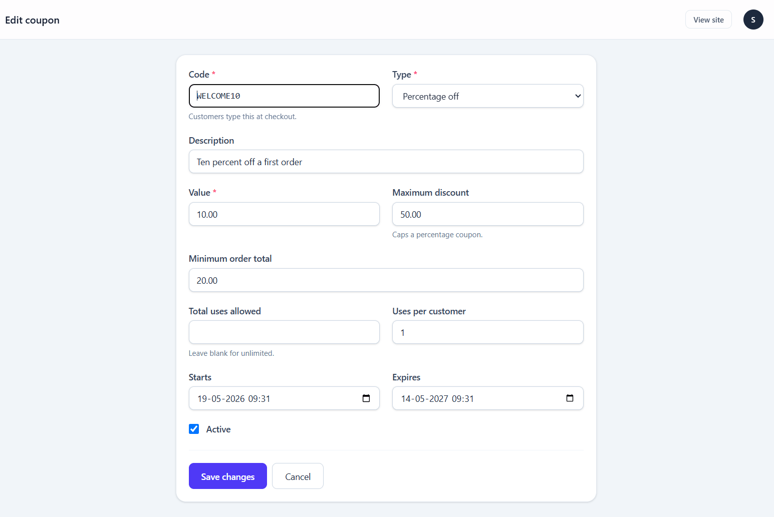 The coupon editor with code, discount type, value, minimum spend, usage limits and date window