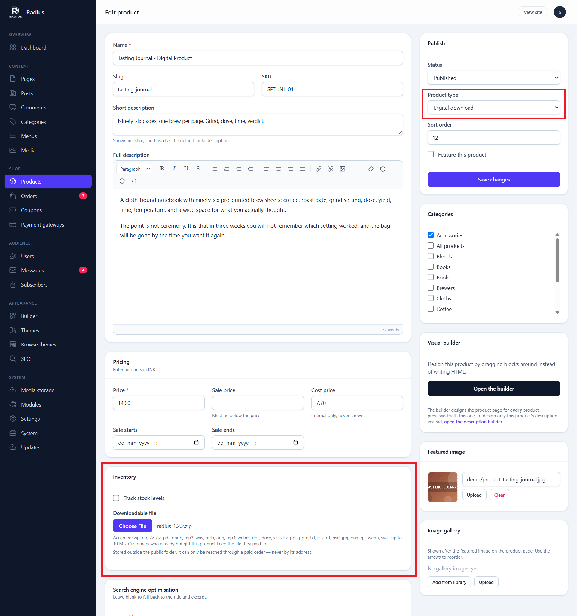 The digital product panel, with the file upload field and the download limit override