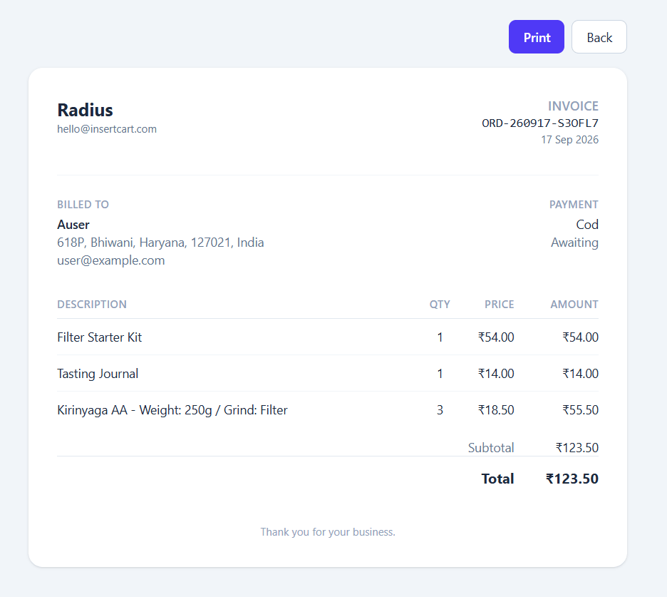 A printable invoice showing site branding, order details and totals