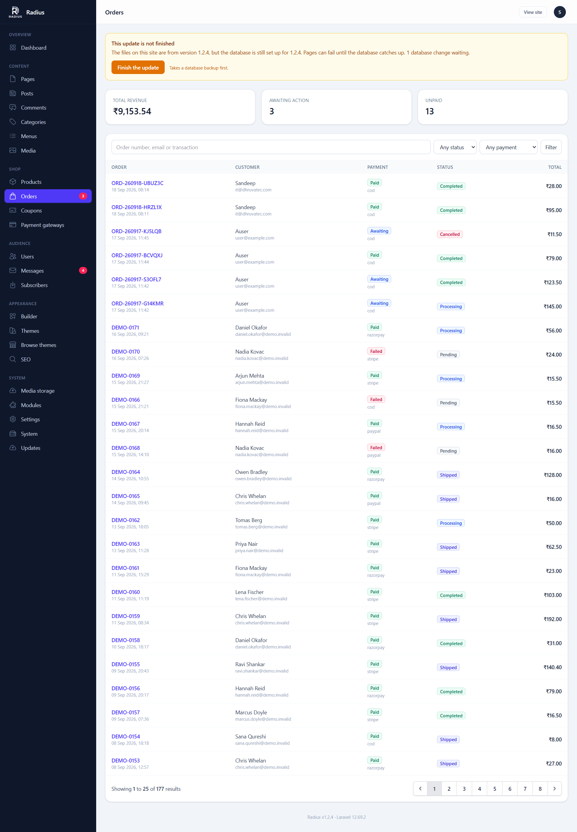The order list showing order number, customer, total, payment state, fulfilment status and date