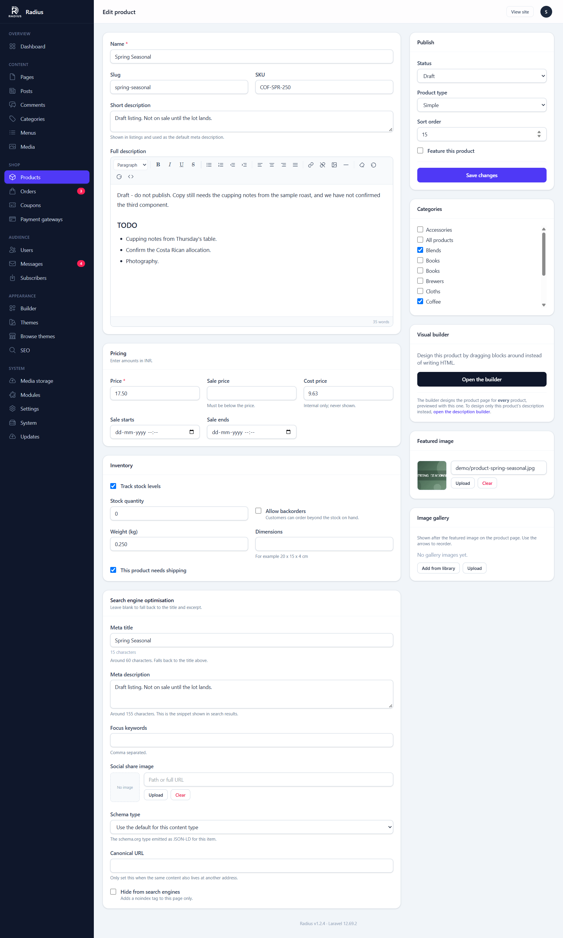 The product editor showing name, description, pricing panel, inventory panel and image gallery