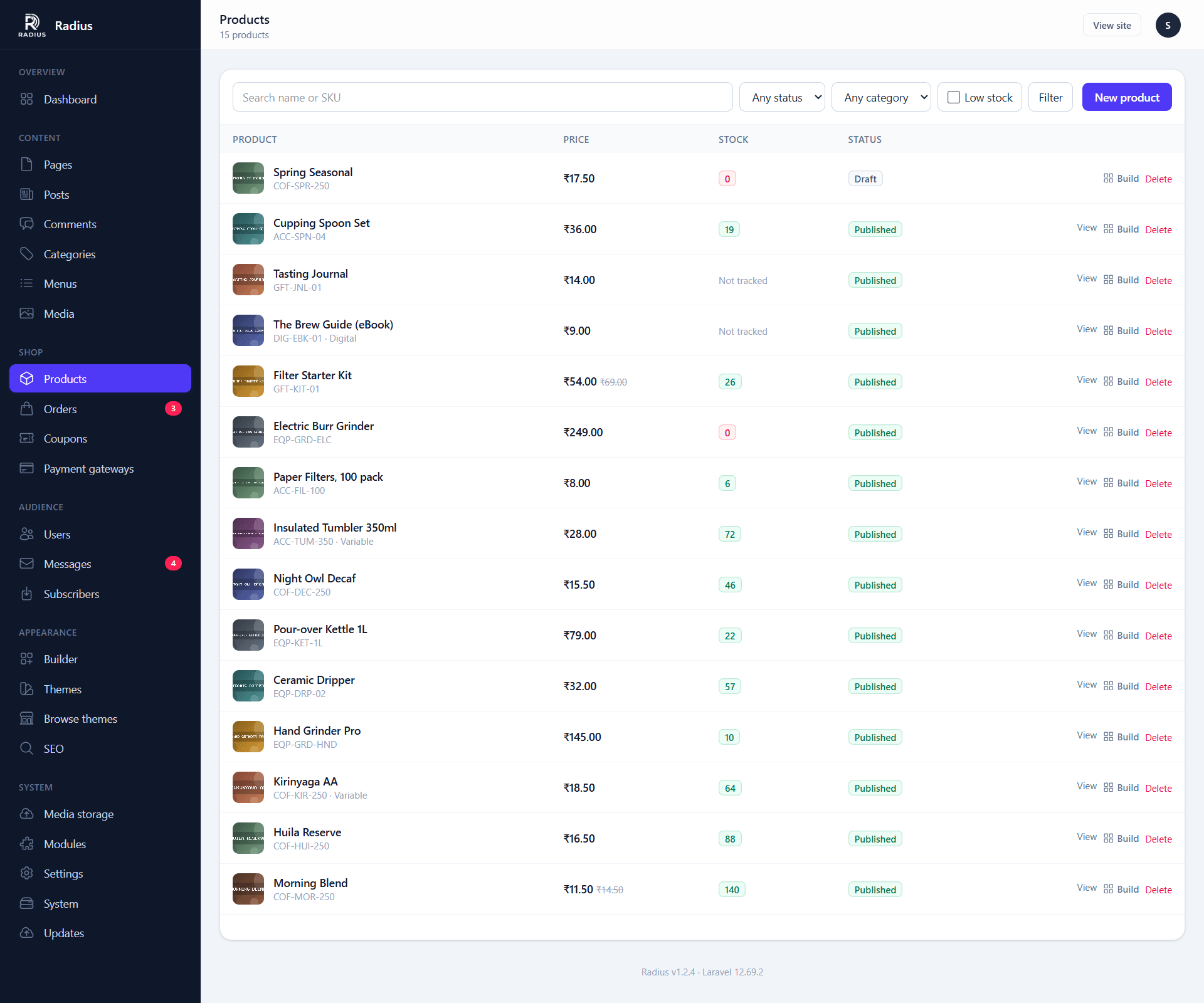 The product list with image, name, SKU, price, stock and status columns, plus search and filters