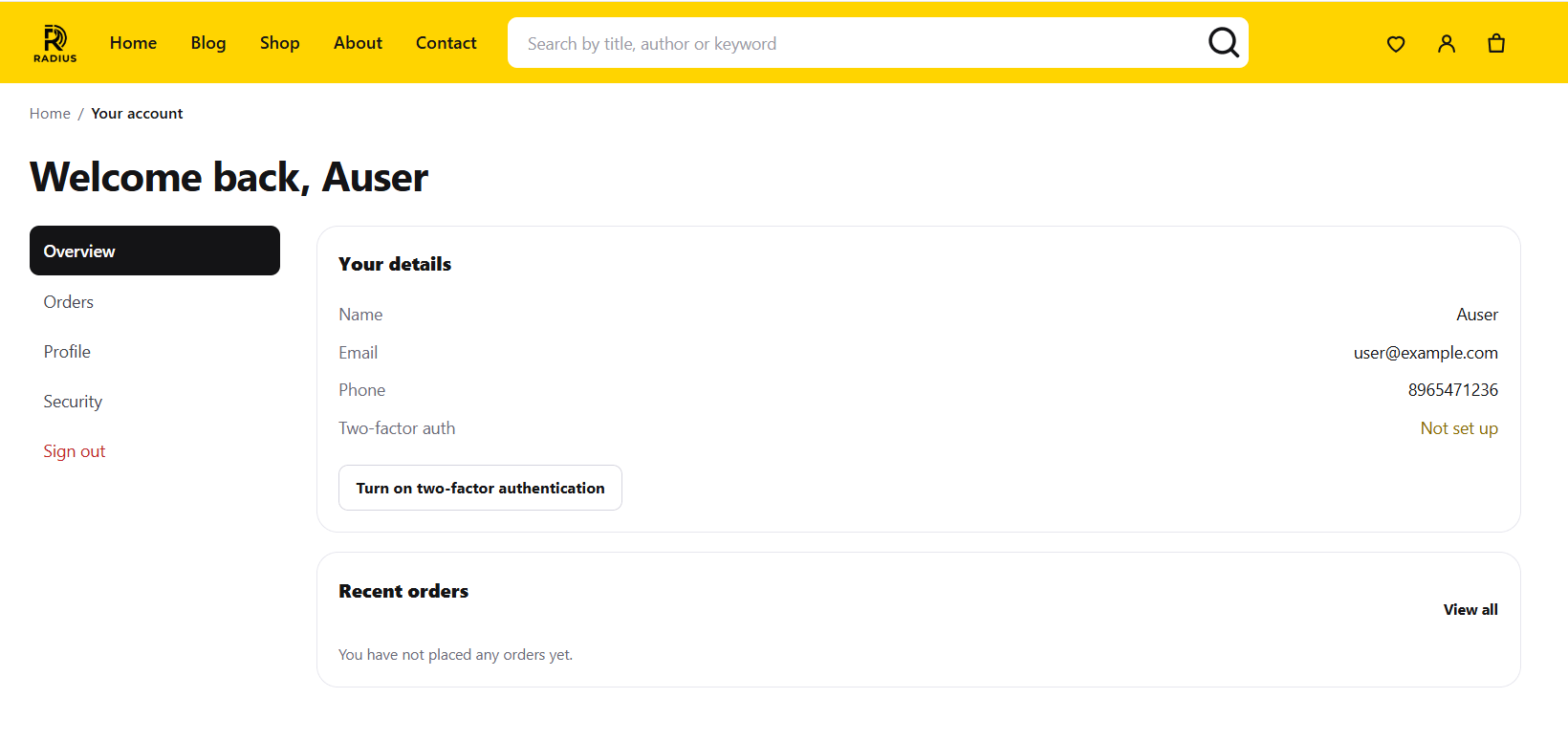 The customer account area showing recent orders and profile links