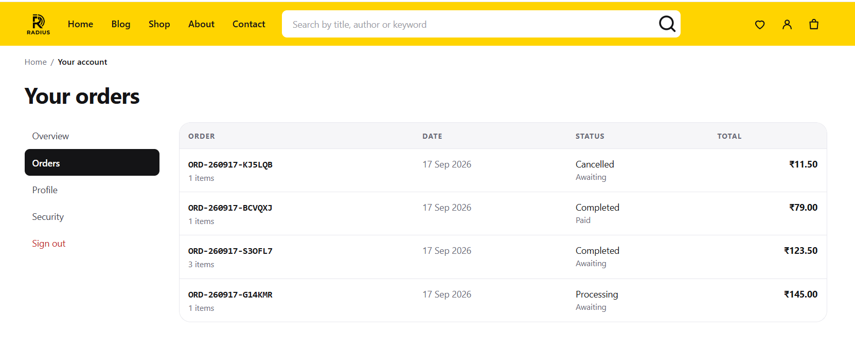 A customer's order history list with status and total for each order