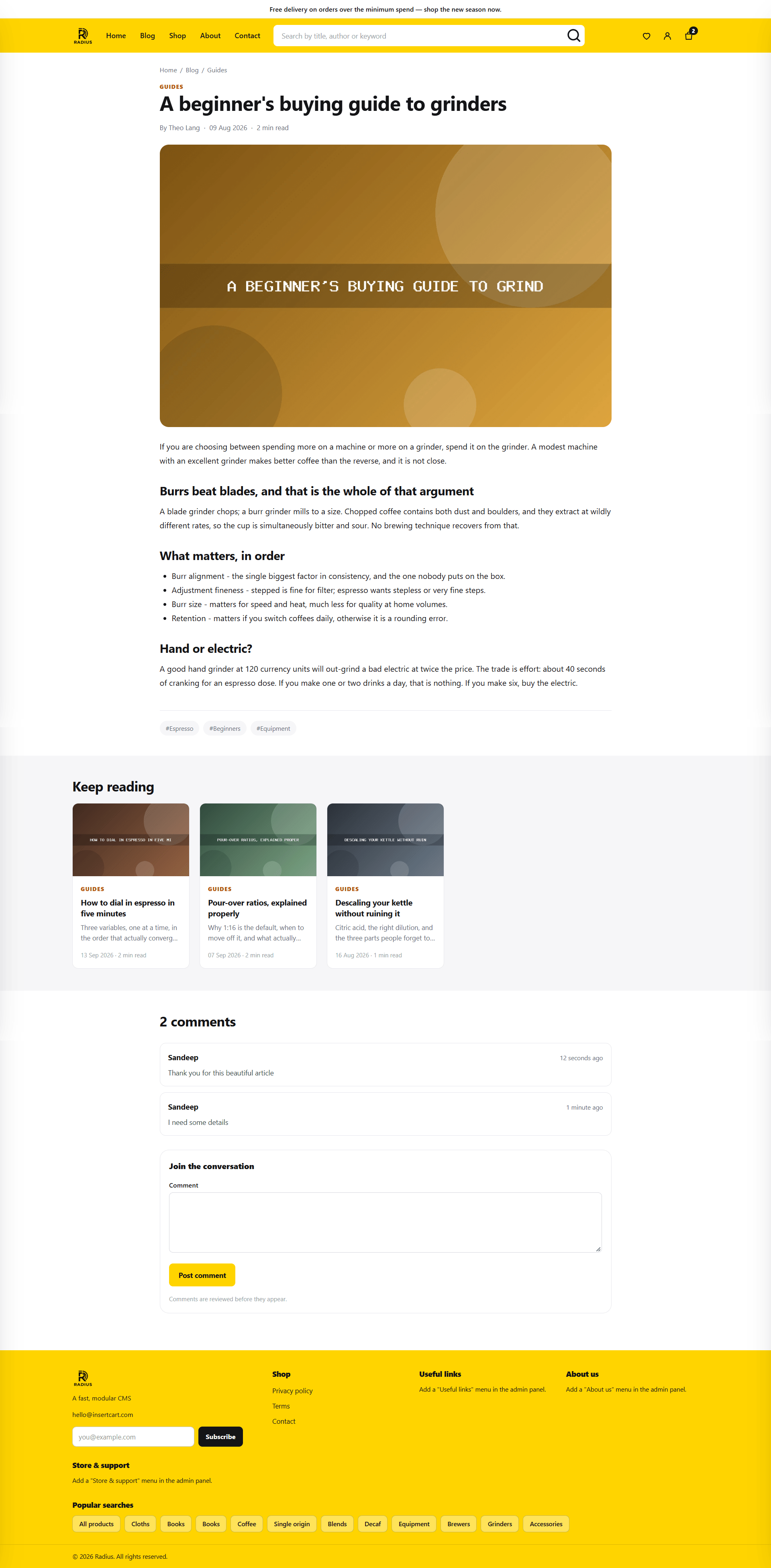 A single blog post on the public site, with its comment form below the content