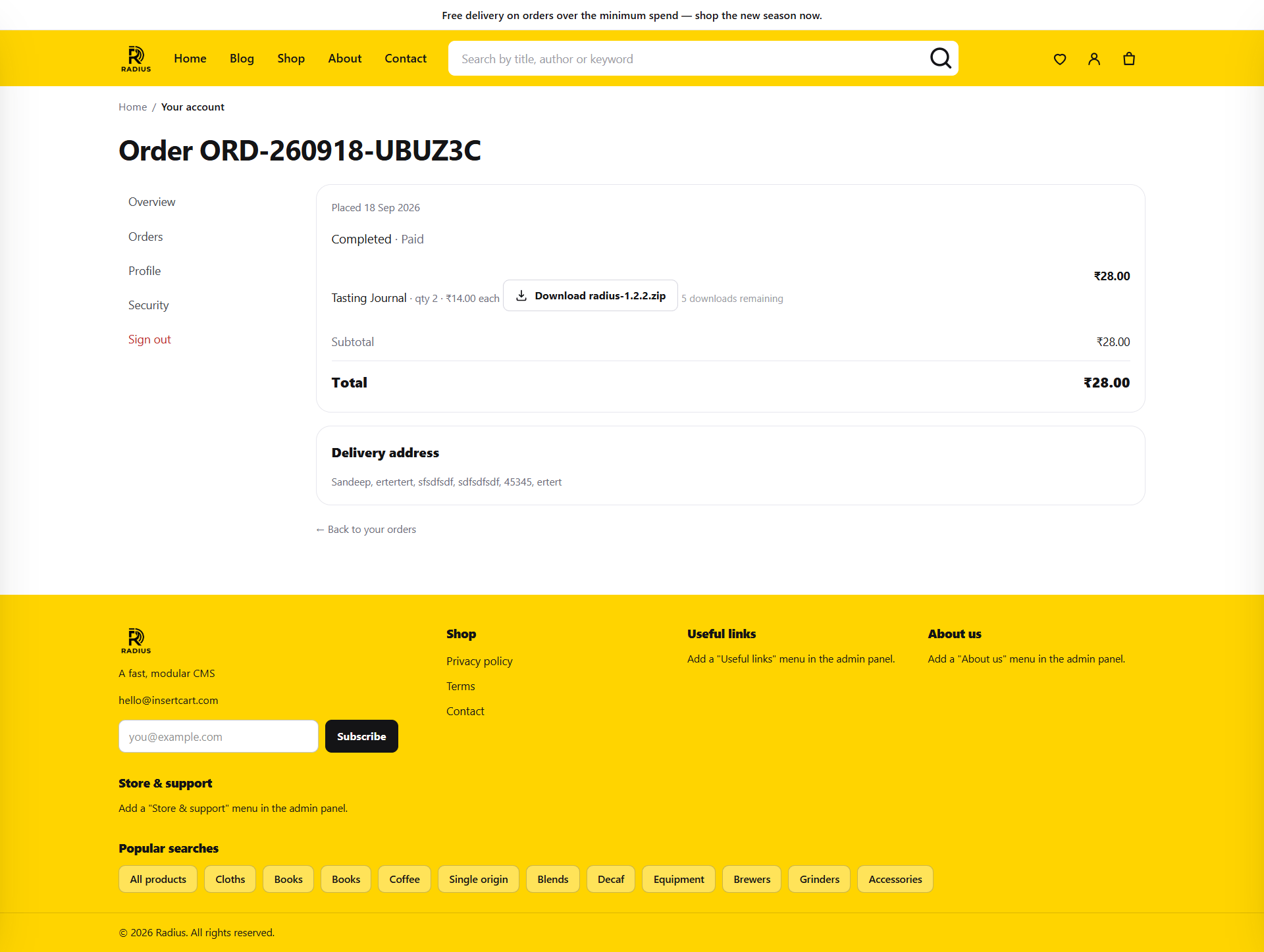 A customer's order page showing a download button per digital item, with remaining download count