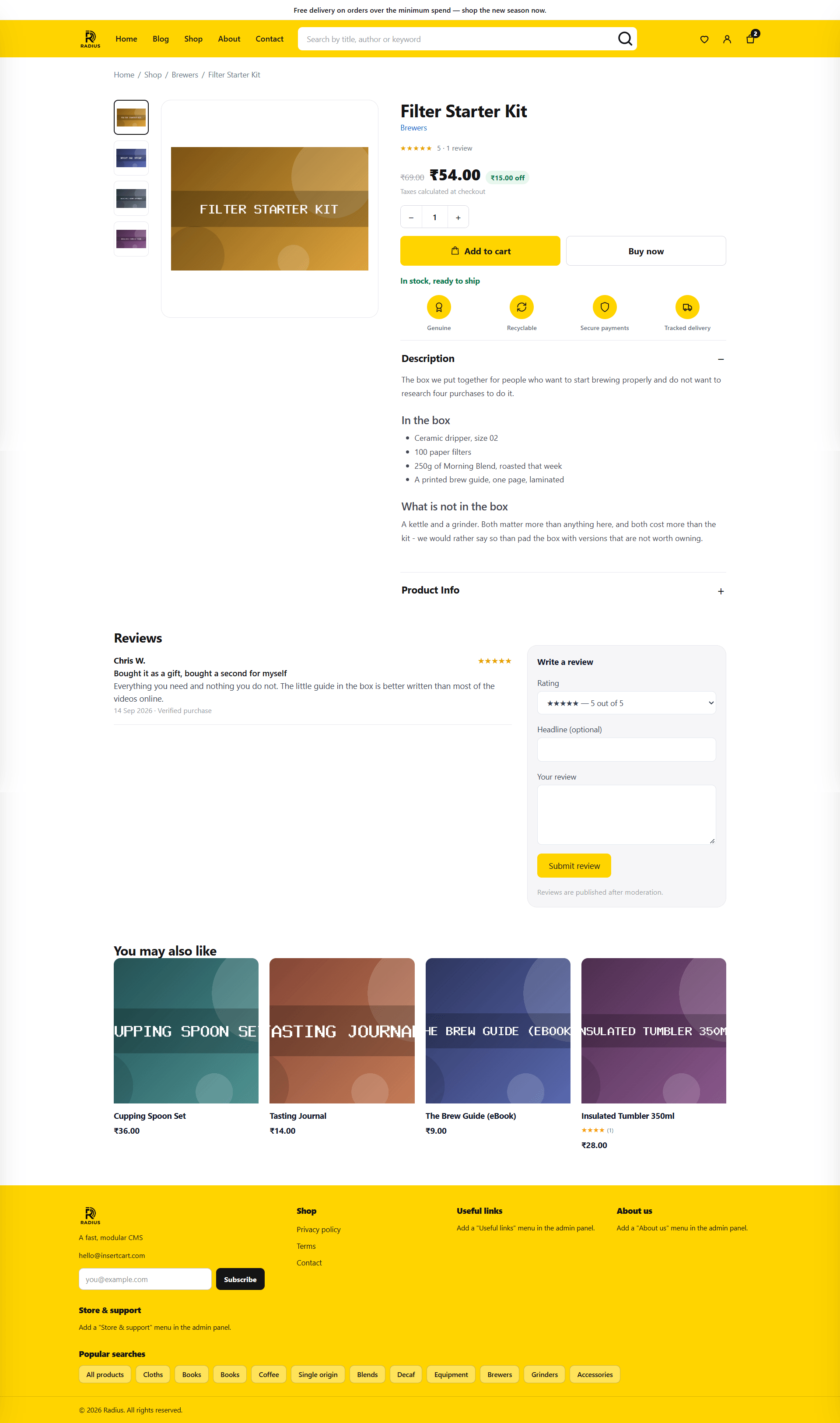A public product page with gallery, price, variant selectors and add to cart