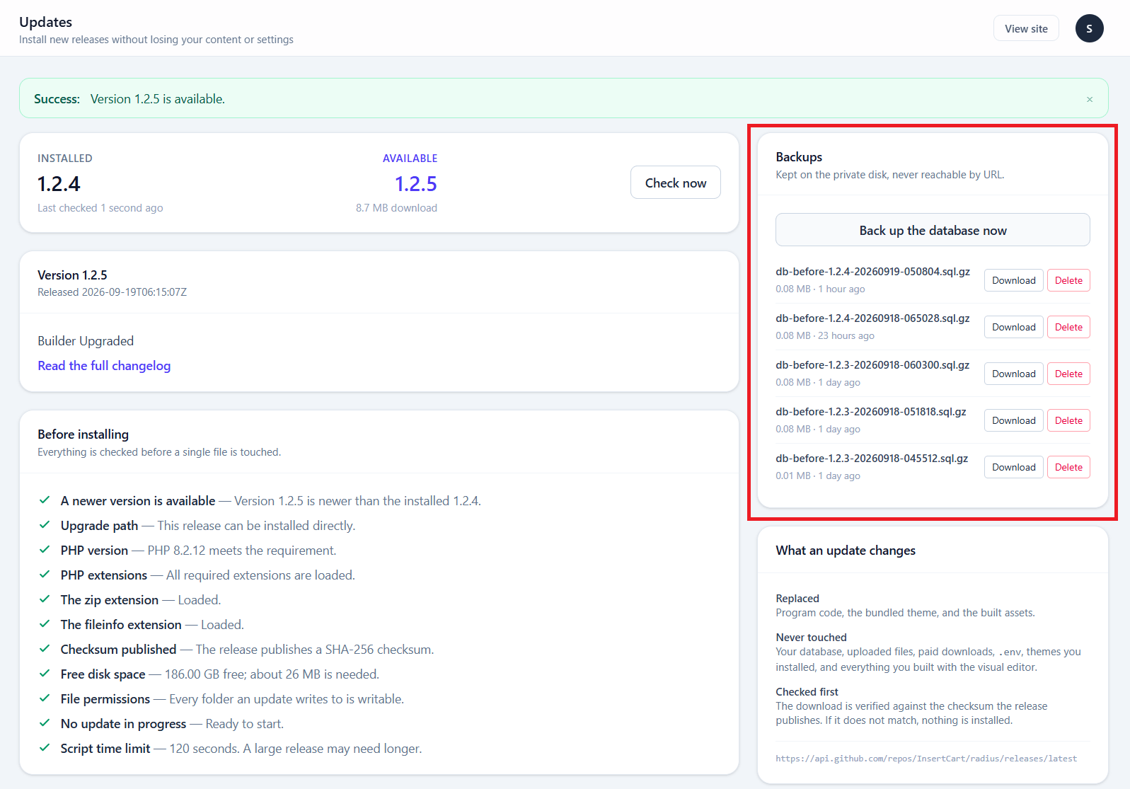 The backup list showing each backup's date and size, with download and delete actions