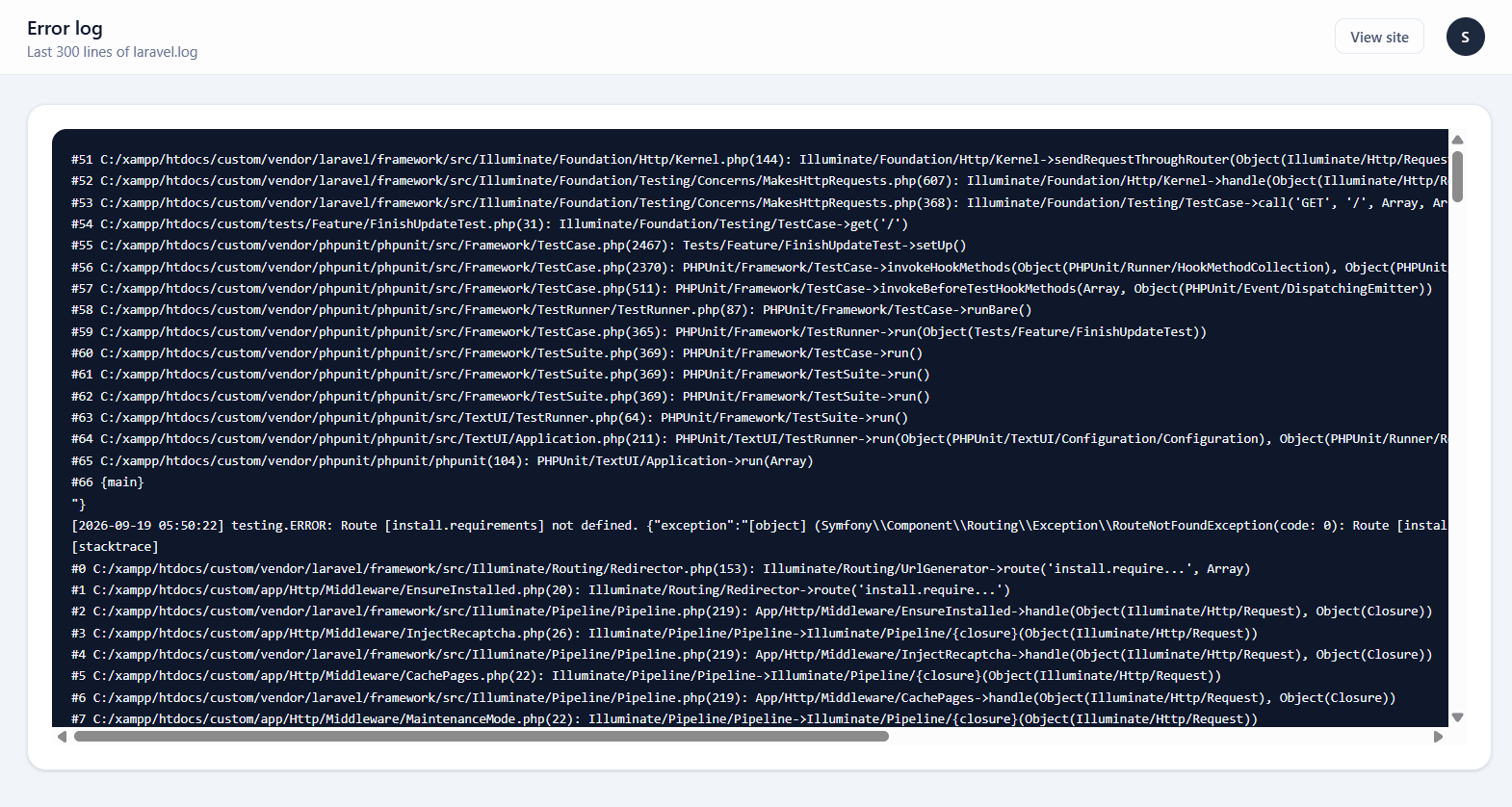 The application log viewer showing recent entries with level, timestamp and message, expandable to a stack trace