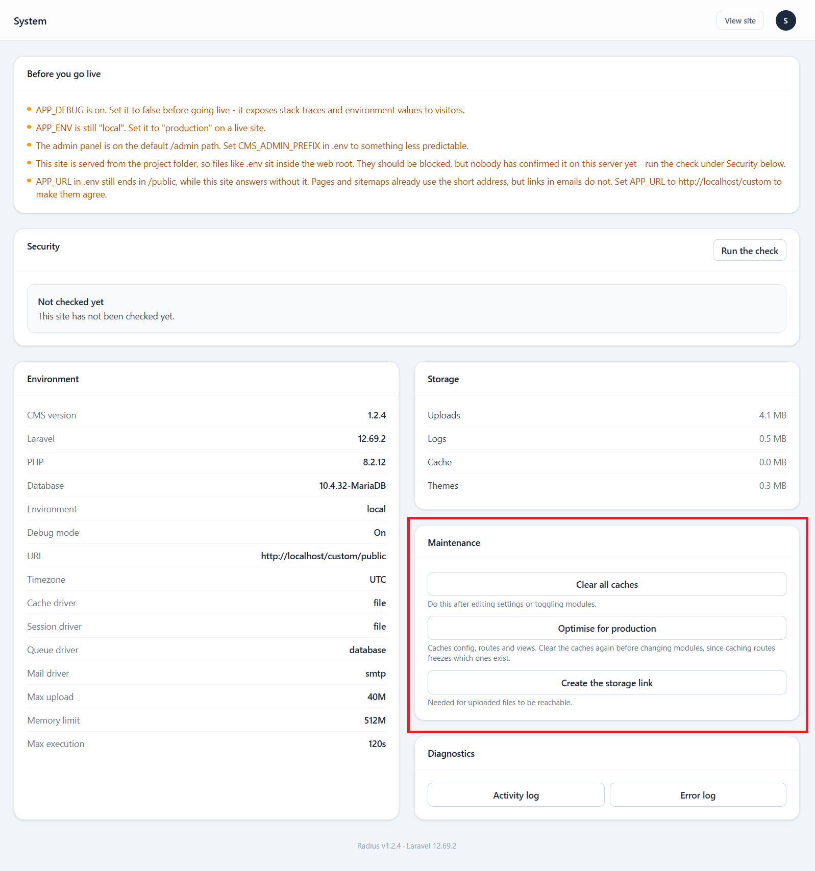 The maintenance tools panel with buttons for clearing caches, optimising, linking storage and sending test messages