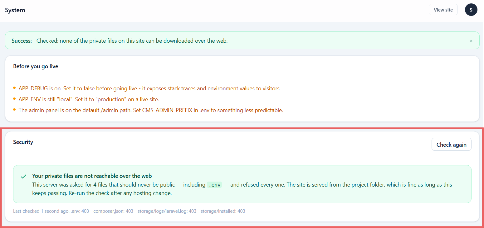 The exposure check results, listing each sensitive path with the HTTP status the server returned for it