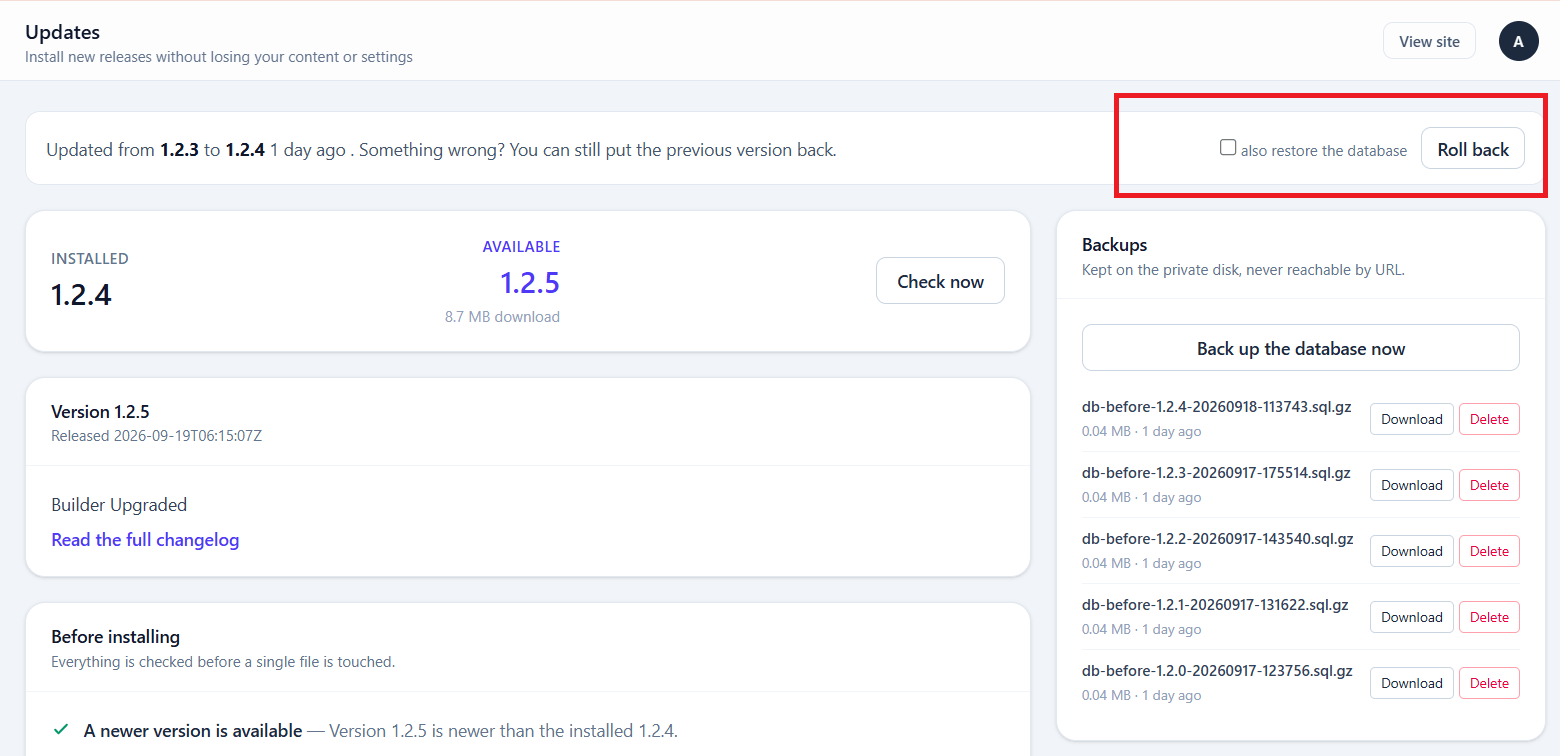 The rollback confirmation, naming the backup that will be restored and what will be reverted