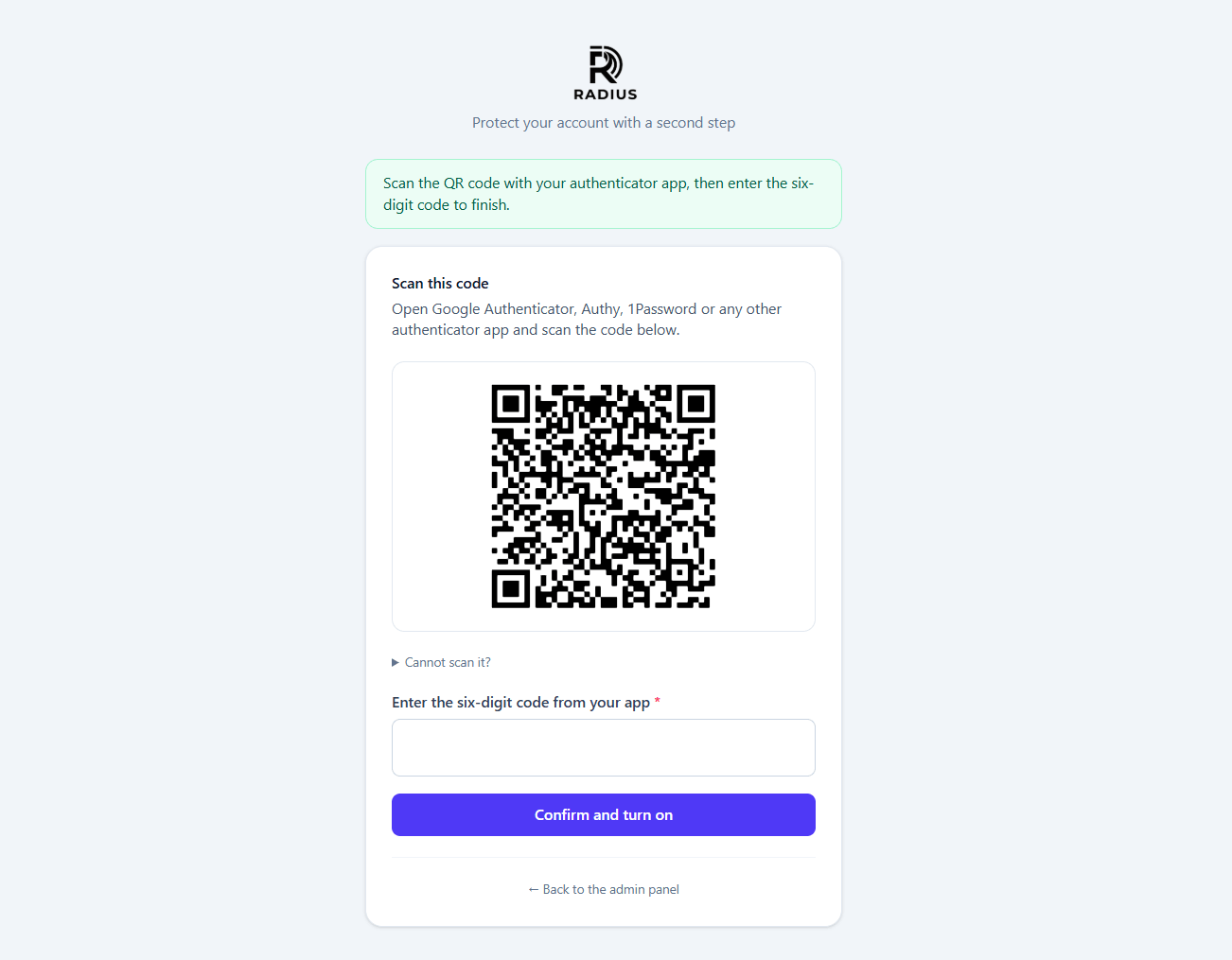 The two-factor setup screen with a QR code, the secret in text form, and a field to confirm the first code