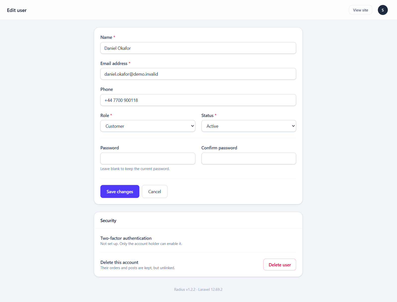The user editor with name, email, password, role and active fields
